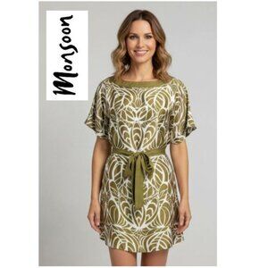 MONSOON, 100% silk dress! Green/cream leaf pattern dress